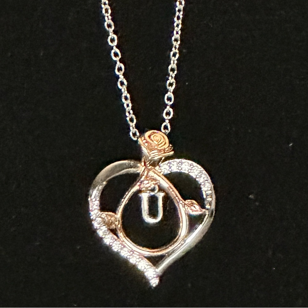 Heart Pendant Necklace with Dangling U Initial Stainless Steel